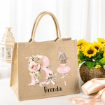 Personalized Cartoon Ballet Girl Jute Tote Bag with Initial and Name Travel Accessories Birthday Christmas Gift for Ballet Lovers