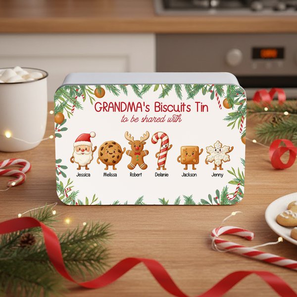 Personalized Cartoon Santa Claus Reindeer Cookie Tin Biscuit Storage Box with 1-8 Names and Text Daily Use Christmas Gift for Kid Family