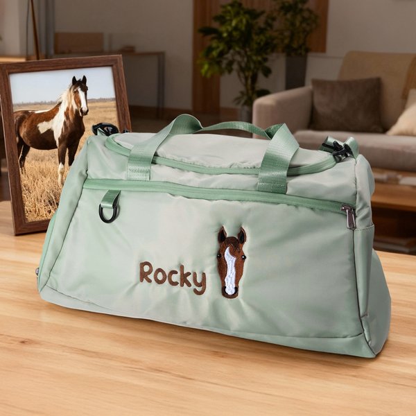 Personalized Embroidered Horse Face Name Waterproof Large Travel Duffle Bag with Shoe Compartment Equestrian Birthday Gift for Horse Lovers