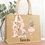 Personifierad tecknad balettflicka Jute Tote Bag med initialer och namn Reseaccessoarer Födelsedag Julklapp för balettälskare