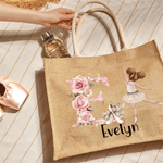 Personifierad tecknad balettflicka Jute Tote Bag med initialer och namn Reseaccessoarer Födelsedag Julklapp för balettälskare