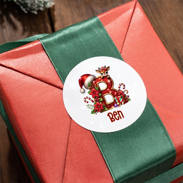 Personalized Reindeer Christmas Theme Initial Waterproof Stickers Labels with Name Christmas Decor Party Favors for Family Friends