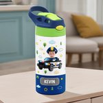 Personalizado Car Truck Vehicle Helmet Face Photo Name 12 oz Insulated Water Bottle with Straw and Spill-Proof Lid Birthday Gift for Boys Girls