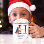 Personalized Christmas Tree Santa Claus 12 oz Coloured Rim Enamel Mug with Name and Initial Christmas Gift for Kids Friends