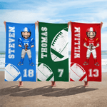 Spersonalizowany ręcznik plażowy Cartoon Football Player Quick Dry Oversized z imieniem i numerem Niezbędny prezent na lato dla miłośników piłki nożnej