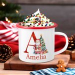 Personalized Christmas Tree Santa Claus 12 oz Coloured Rim Enamel Mug with Name and Initial Christmas Gift for Kids Friends