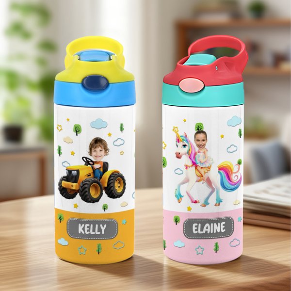 Personalisierte Auto LKW Fahrzeug Helm Gesicht Foto Name 12 oz isolierte Wasserflasche mit Strohhalm und Spill-Proof-Deckel Geburtstag Geschenk für Jungen Mädchen