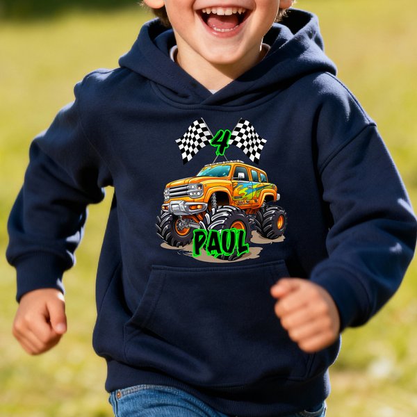 Personalized Big Wheel Off-Road Truck Multicolor Kid's T-shirt Sweatshirt Hoodie with Age and Name Birthday Christmas Gift for Kids
