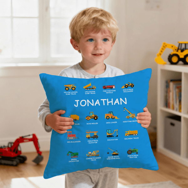 Personalised Construction Lorry Multicolour Cushion Cover with Name Home Decor Christmas Birthday Gift for Boys Lorry Lovers Kids