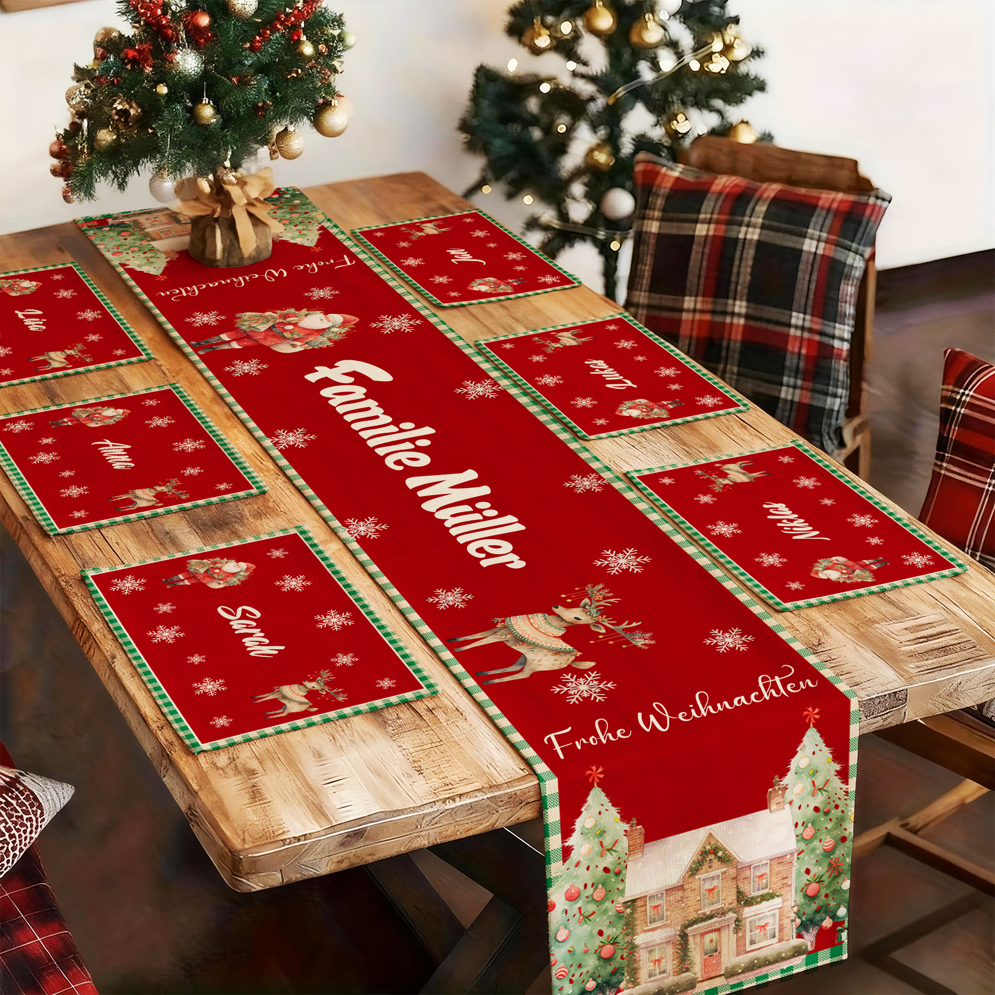 Personalisiertes Rentier Weihnachts-Tischset Tischläufer und Passende Platzsets mit Familienname und Text Weihnachtsgeschenk für Familie Freunde