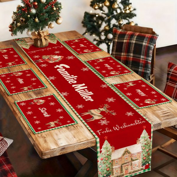 Personalisiertes Rentier Weihnachts-Tischset Tischläufer und Passende Platzsets mit Familienname und Text Weihnachtsgeschenk für Familie Freunde
