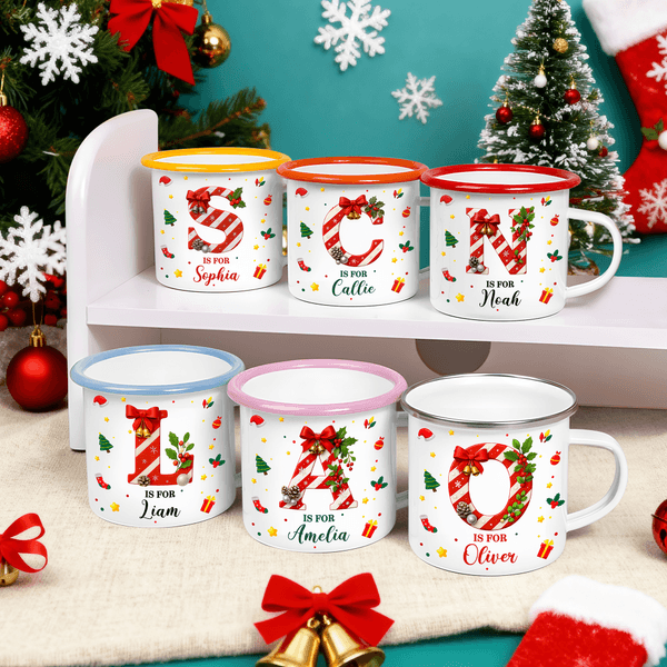 Personalized Sweets Cane Initial Design 12 oz Enamel Mug with Name Daily Use Christmas Gift for Kids Family