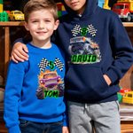 Maglietta personalizzata Big Wheel Off-Road Truck Multicolore Felpa con cappuccio per bambini con età e nome Regalo di Natale di compleanno per bambini