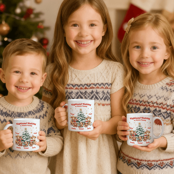 Personalizado lindo Highland Vaca Familia 11 oz Taza de café de cerámica con nombre Regalo de Navidad para la familia