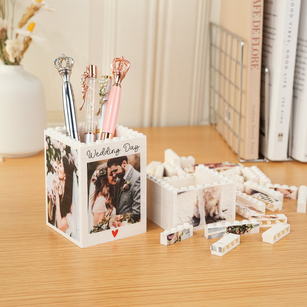 DIY Building Blocks Pencil Holder, Custom Photo & Text Desktop Organiser, Easy Assembly Brick Decor, Father's Day Birthday Gift for Family Couple 3