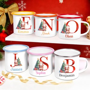 Personalisierte Weihnachtsbaum Weihnachtsmann 12 oz farbigen Rand Emaille-Becher mit Namen und Initialen Weihnachtsgeschenk für Kinder Freunde