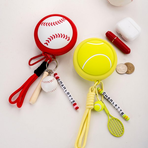 Personalised Tennis Ball Baseball Basketball Soccer Name Pouch Keychain with Racket Ball Charms Team Birthday Gift for Coaches Ball Lovers Teammates