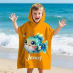 Serviette de Plage à Capuche Personnalisée avec Motifs Multicolores d’Animaux Marins et Nom Cadeau Vacances d’Été Anniversaire pour Fille Garçon