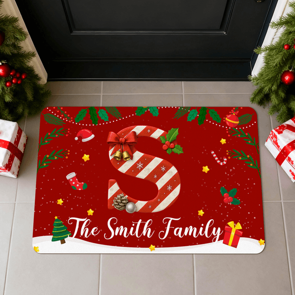 Personalized Christmas Sweets Cane Initial Doormat with Text Home Decor Christmas Gift for Family Friends