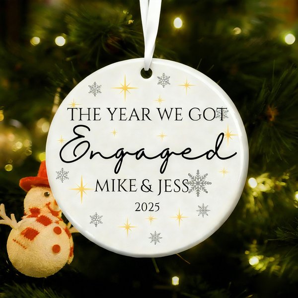 Personalized Romantic Star Name Ceramic Ornament with 2 Ribbons and Year Christmas Tree Decor Engagement Gift for Newlyweds Couples