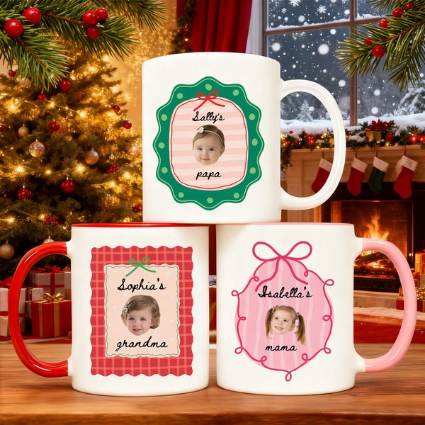 Personalized Baby Face Photo Christmas Element Border Multicolour Ceramic Mug with Name Christmas Gift for Family Kids