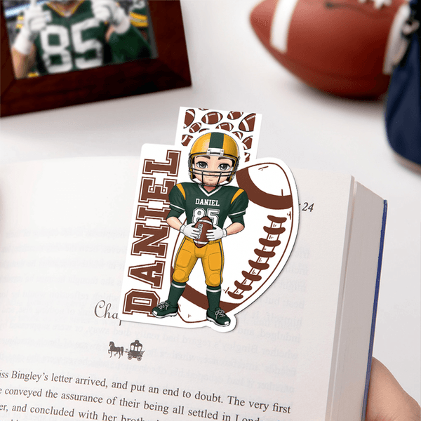 Personalised Football Cartoon Character Irregular Magnetic Bookmark Clip with Name and Number Birthday Christmas Gift for Football Lovers Bookworms