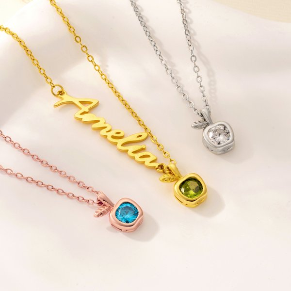 Personalized Dainty Apple Charm Necklace with Birthstone and Name Christmas Valentine's Day Birthday Anniversary Gift for Women Girlfriends Wives