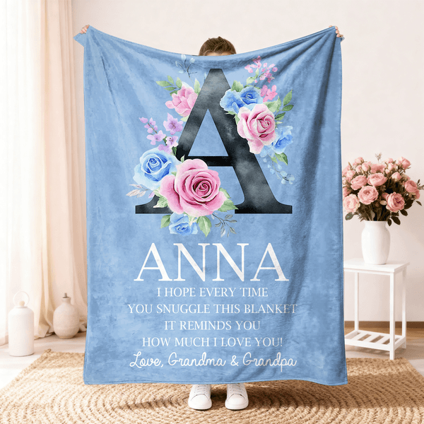 Personalised Floral Initial Soft Throw Blanket with Name and Text Home Decor Christmas Birthday Gift for Family Kids