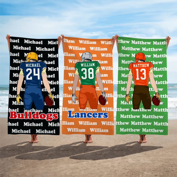 Serviette de plage surdimensionnée personnalisée avec nom Joueur de football, personnage de dessin animé, séchage rapide Cadeau essentiel de voyage pour les amoureux du football et du sport