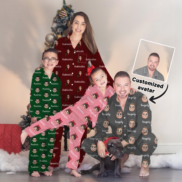 Personalized Cartoon Portrait Multicolor Soft Long Sleeve Pajama Matching Set with Names Christmas Birthday Gift for Family Kids