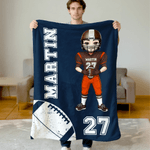 Personalised Football Cartoon Character Soft Throw Blanket with Name and Number Home Decor Birthday Game Day Gift for Football Lovers