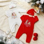 Chapeau de Père Noël personnalisé Ourson Initial 100% coton Ensemble Romper avec bonnet et couvre-pieds et boîte cadeau Cadeau de Noël pour les nouveaux-nés