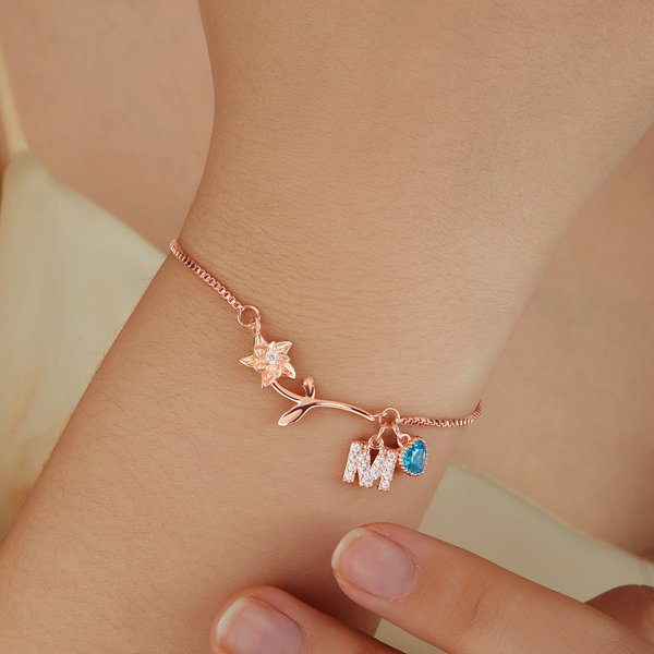 Personalised Birth Flower Heart Birthstone Bracelet with Initial Pendant Birthday Christmas Gift for Women