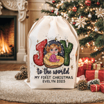 Spersonalizowana torba na prezent dla noworodka Joy To The World My First Christmas Canvas Drawstring Gift Bag z imieniem i rokiem