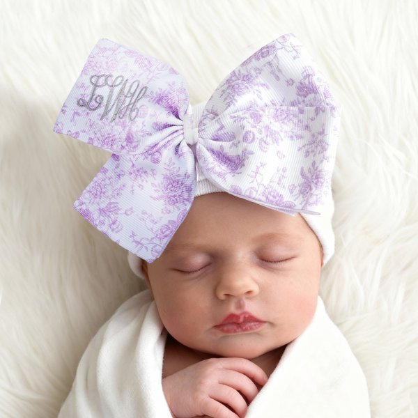 Personalised Toile De Jouy Bow White Hospital Hat with Embroidered Monogram Birthday Baby Shower Gift for Newborns