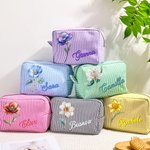 Beauty case personalizzato con nome e fiore di nascita design vintage a righe stile pittura ad olio regalo per donne e damigelle