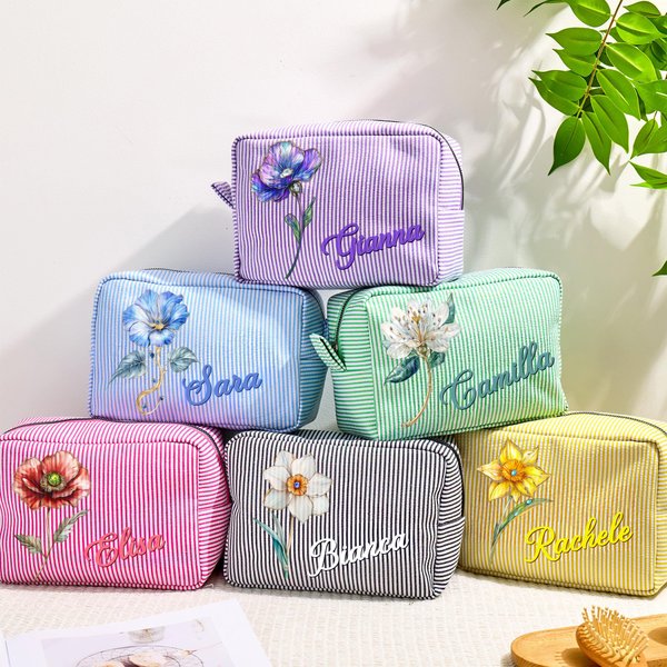 Beauty case personalizzato con nome e fiore di nascita design vintage a righe stile pittura ad olio regalo per donne e damigelle