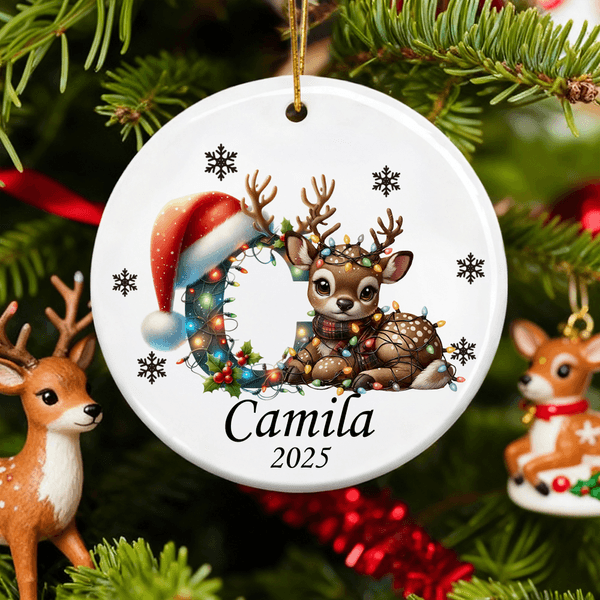 Personalized Cute Christmas Reindeer Ceramic Ornament with Name and Year Home Tree Decor Christmas Gift for Kids