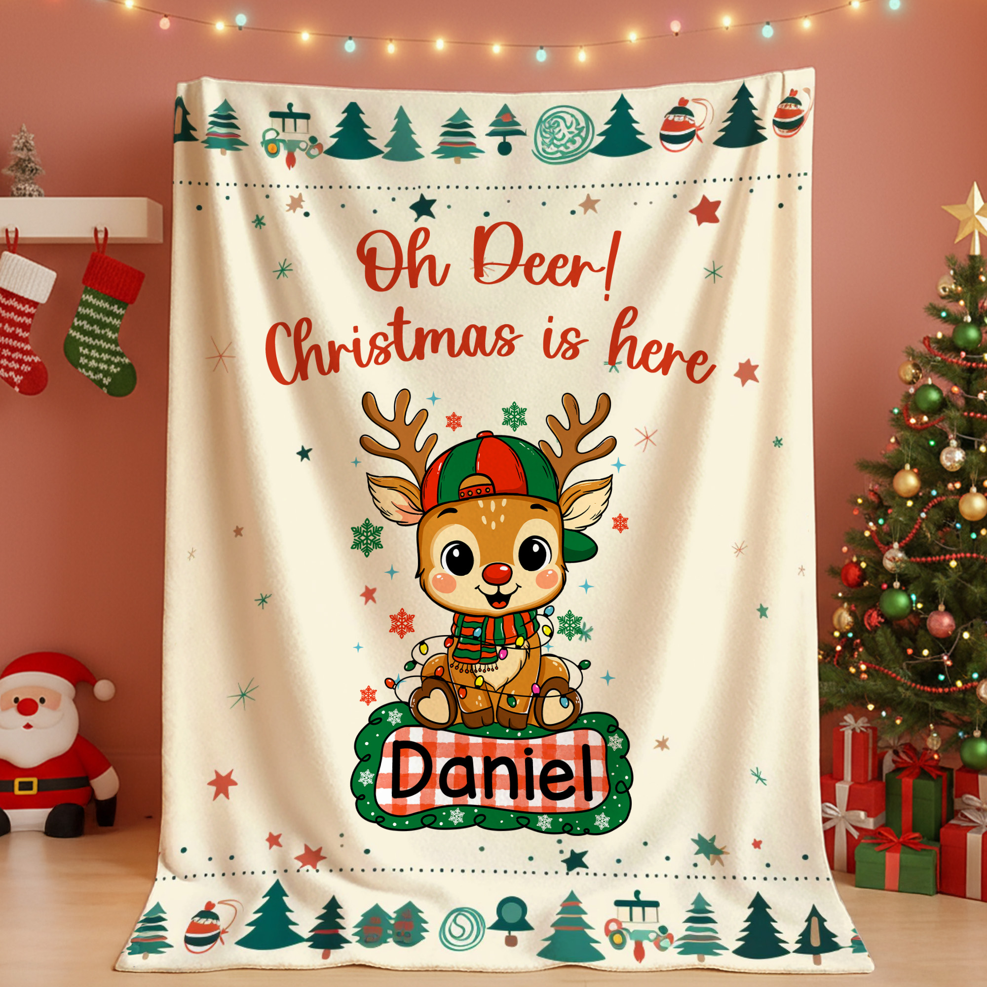 Personalisierte Weihnachten niedliche Hirsche weiche Decke mit Namen Home Decor Weihnachtsgeschenk für Kinder Freunde