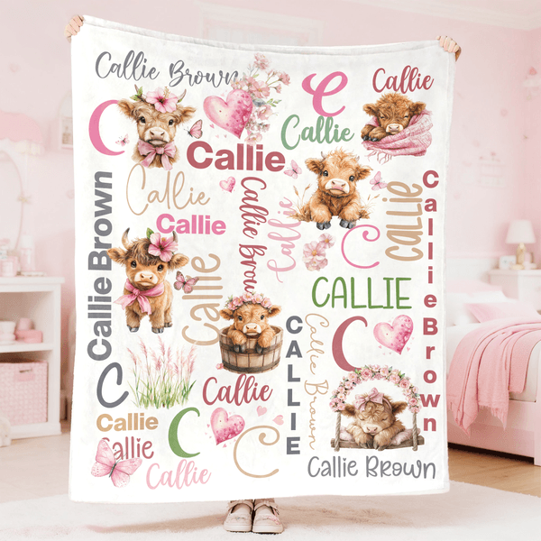 Personalizada Highland Vaca Inicial Suave Manta con Nombre Decoración del Hogar Navidad Cumpleaños Regalo para la Familia Niños Amantes de las Vacas
