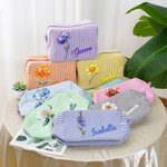 Beauty case personalizzato con nome e fiore di nascita design vintage a righe stile pittura ad olio regalo per donne e damigelle