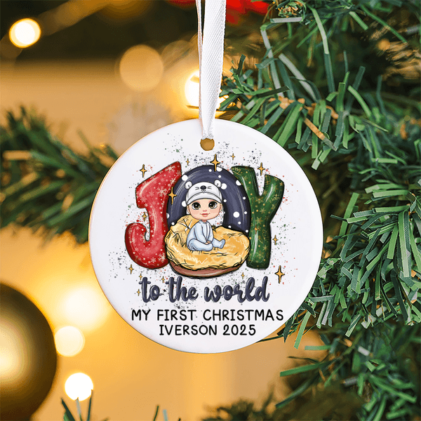 Personalizzato Joy To The World Personaggio dei cartoni animati Ornamento di Natale in ceramica con testo Regalo di Natale Home Decor per i neonati Famiglia