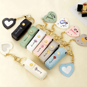 Personalized Cartoon Character Birth Flower Lipstick Case Keychain with Initial Name and Heart-Shaped Mirror Birthday Anniversary Gift for Women