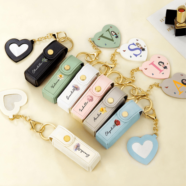 Personalised Cartoon Character Birth Flower Lipstick Case Keychain with Initial Name and Heart-Shaped Mirror Birthday Anniversary Gift for Women