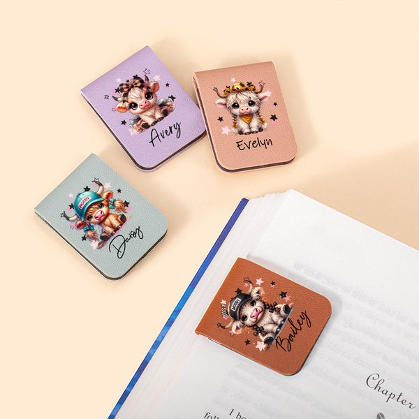 Personalisierte Hochland Kuh Leder magnetische Lesezeichen Clip mit Namen Lesen Zubehör Geburtstag Geschenk für Buchliebhaber Bücherwurm