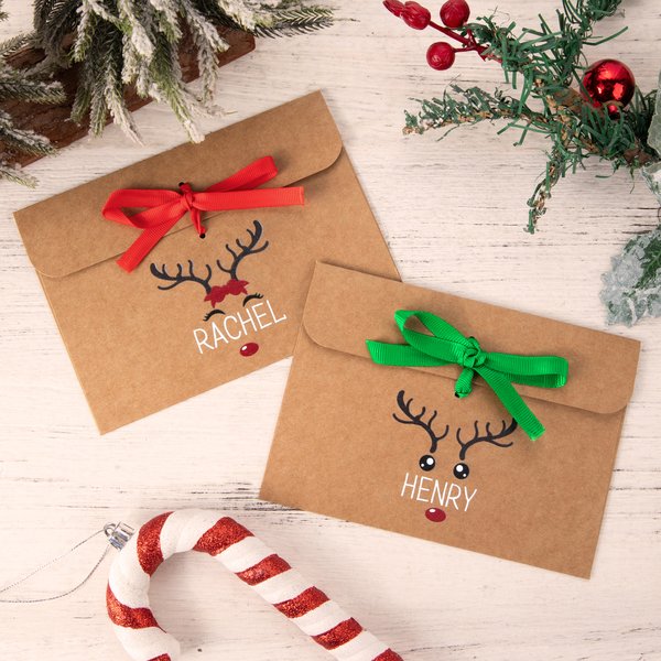 Personalized Multi-Colour Ribbon Reindeer Kraft Paper Envelope with Name Christmas Gift for Family Friends