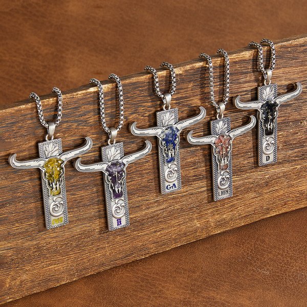 Personalized Western-Style Cow Skull Monogram Necklace Birthday Gift for Cowboys Cowgirls