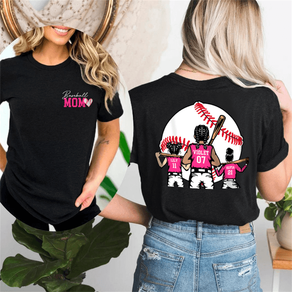 Personalized Baseball Mom 1-3 Kid Characters 100% Cotton T-shirt with Name and Number Birthday Holiday Game Day Gift for Mom