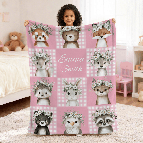 Personalised Cute Flower Wreath Animals Soft Throw Blanket with Name Home Decor Birthday Christmas Gift for Kids