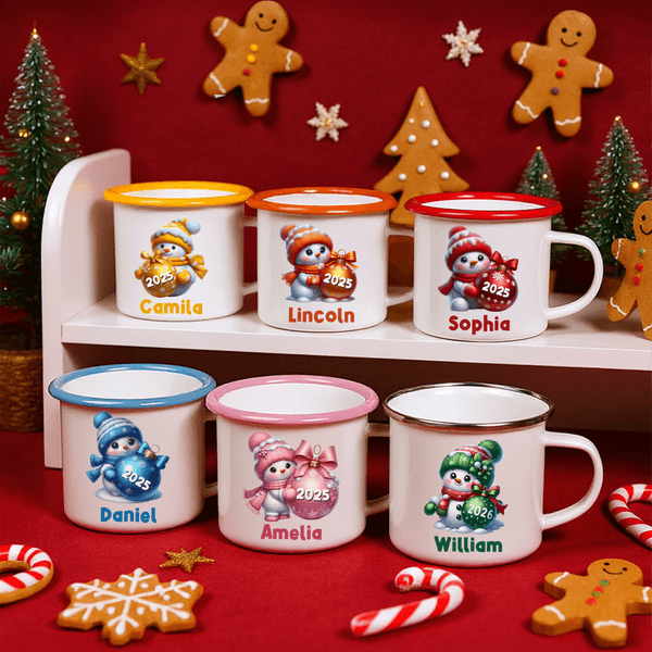 Personalised Cute Christmas Snowman Multicolor 12 oz Enamel Mug with Name and Year Christmas Gift for Family Kids
